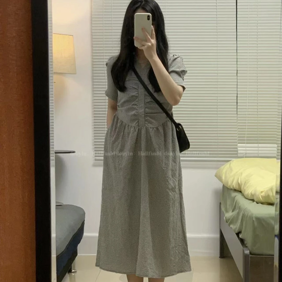 莉莉【校园学姐】韩版新款设计高腰身显瘦显高复古格子气质连衣裙
