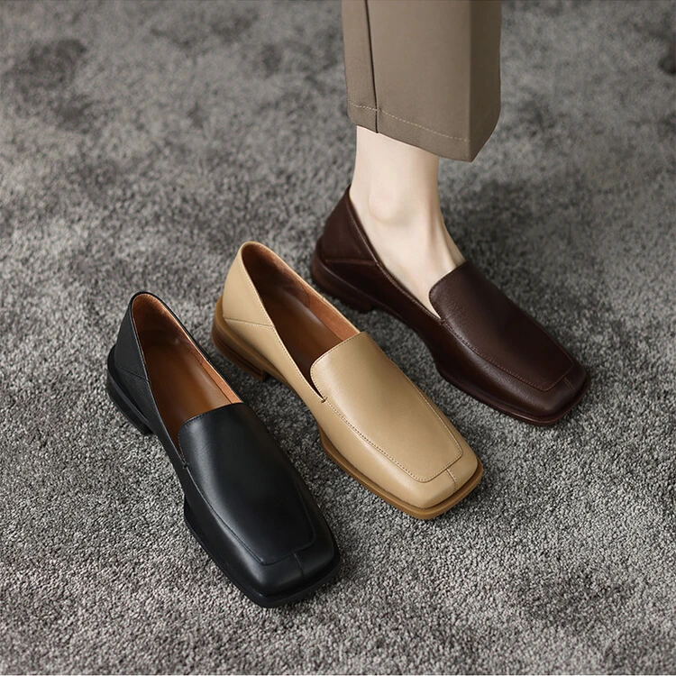 方头低跟英伦风圆头乐福鞋脚宽平底鞋法式春秋软底粗跟单鞋女皮鞋