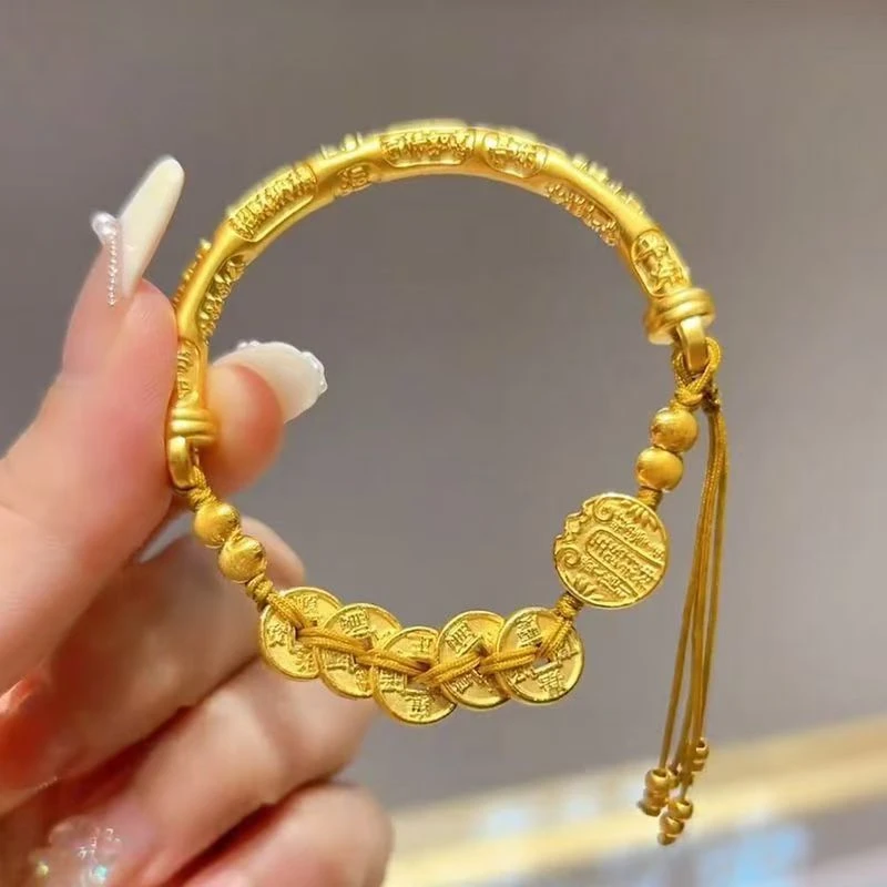 铜合金手镯 五帝钱币五路财神半镯编绳金色大金镯高保色（赠礼盒）