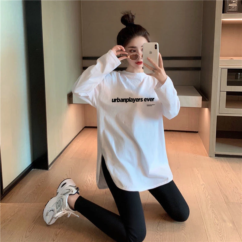 大码女装白色加绒打底衫女内搭秋冬洋气宽松开叉中长款印花长袖T