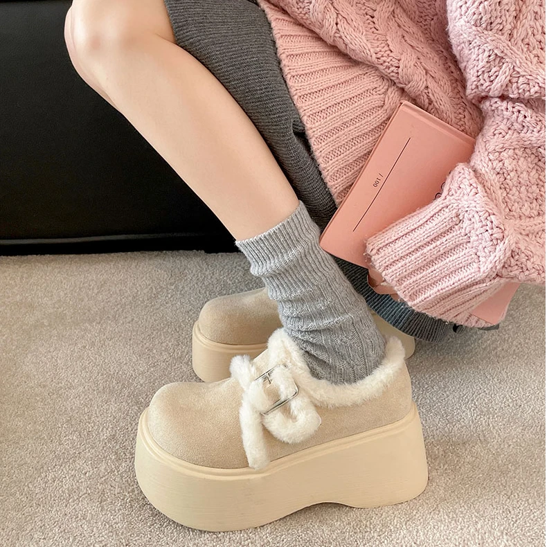 复古网红爆款加绒加厚厚底棉鞋女款2024新款冬季增高保暖毛毛鞋子