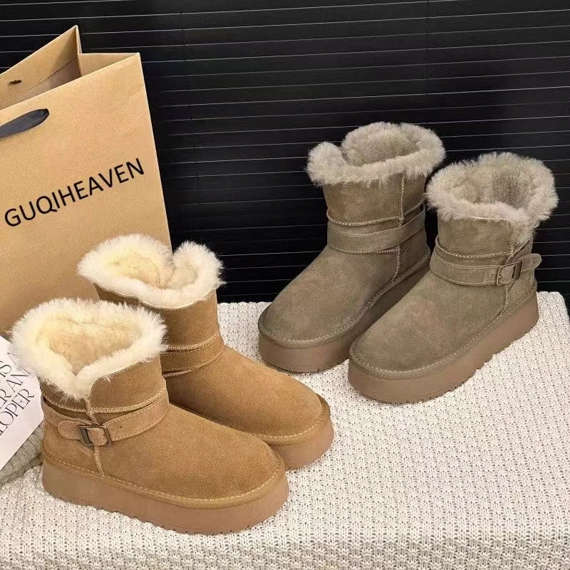 毛毛女款2024保暖新款大棉鞋厚底冬季加绒皮毛一体雪地靴中筒加厚