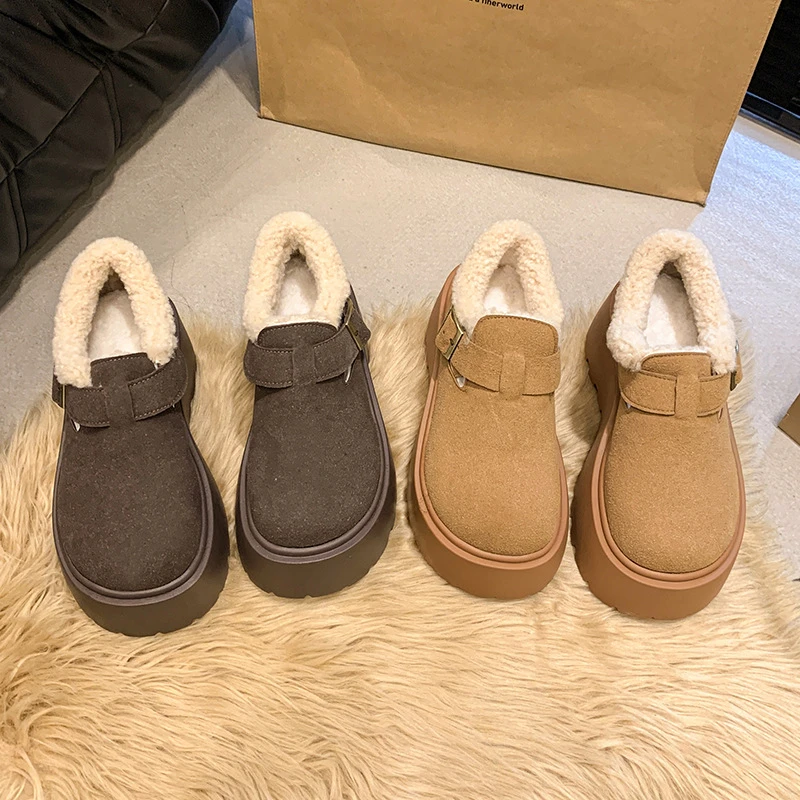 厚底勃肯鞋秋冬加绒保暖一脚蹬新款2024年女雪地靴乐福鞋棉鞋松糕