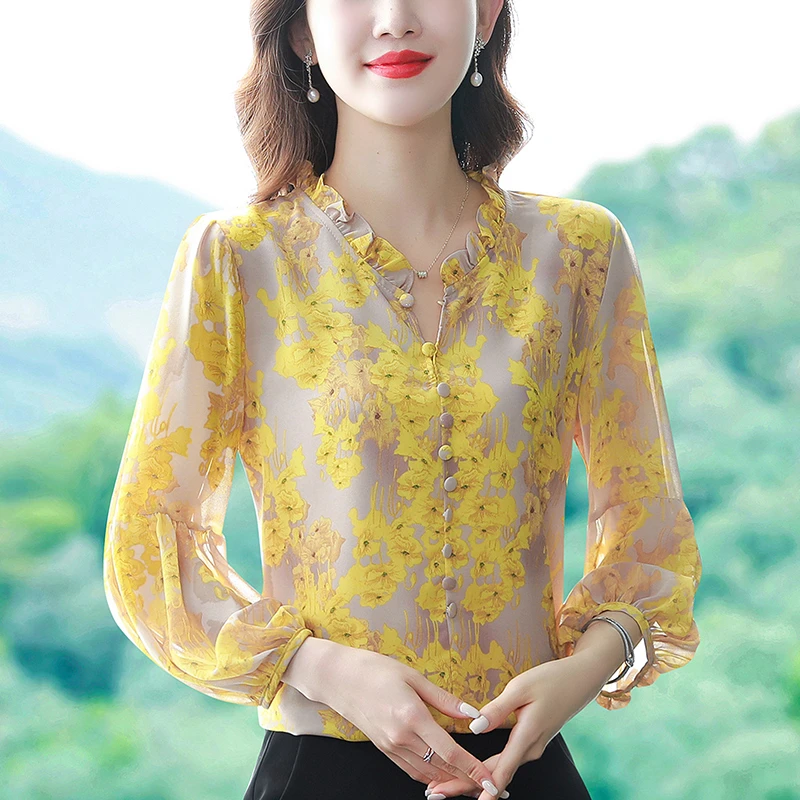 碎花雪纺衬衫女春装2023新款时尚长袖女士衬衣气质九分袖夏装上衣