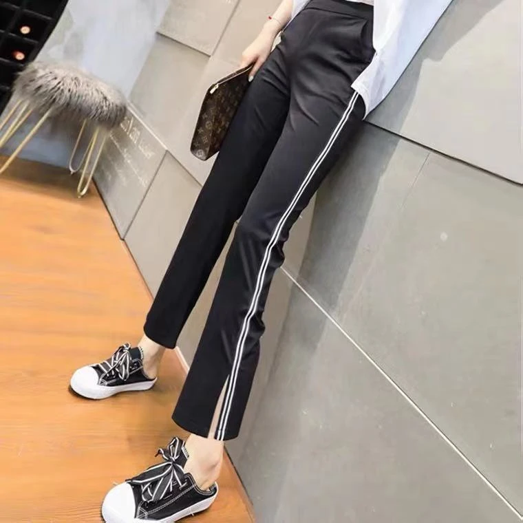 两条杠运动裤高腰显瘦微喇叭九分开叉冰丝女裤子2024夏季八分裤女