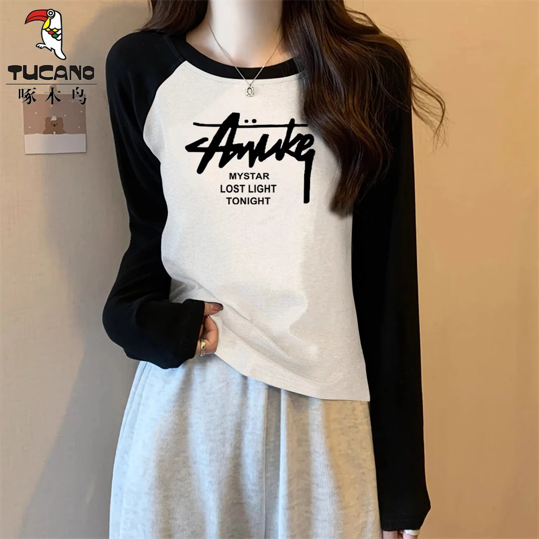 啄木鸟正品早春秋款插肩袖显瘦2024年新款长袖时尚百搭减龄上衣女