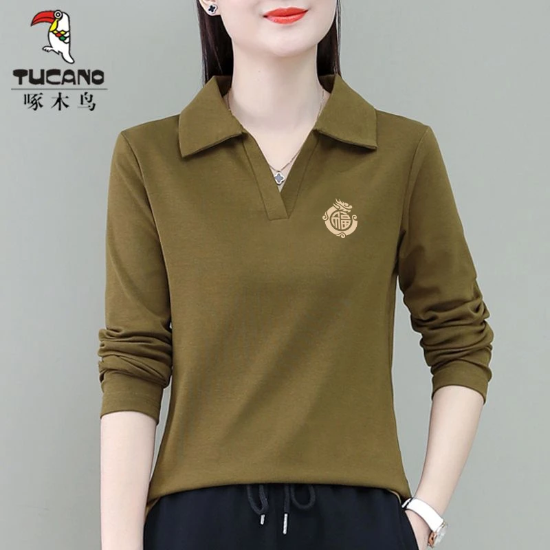 啄木鸟正品纯棉长袖女t恤翻领显瘦洋气韩版时尚百搭中年休闲上衣