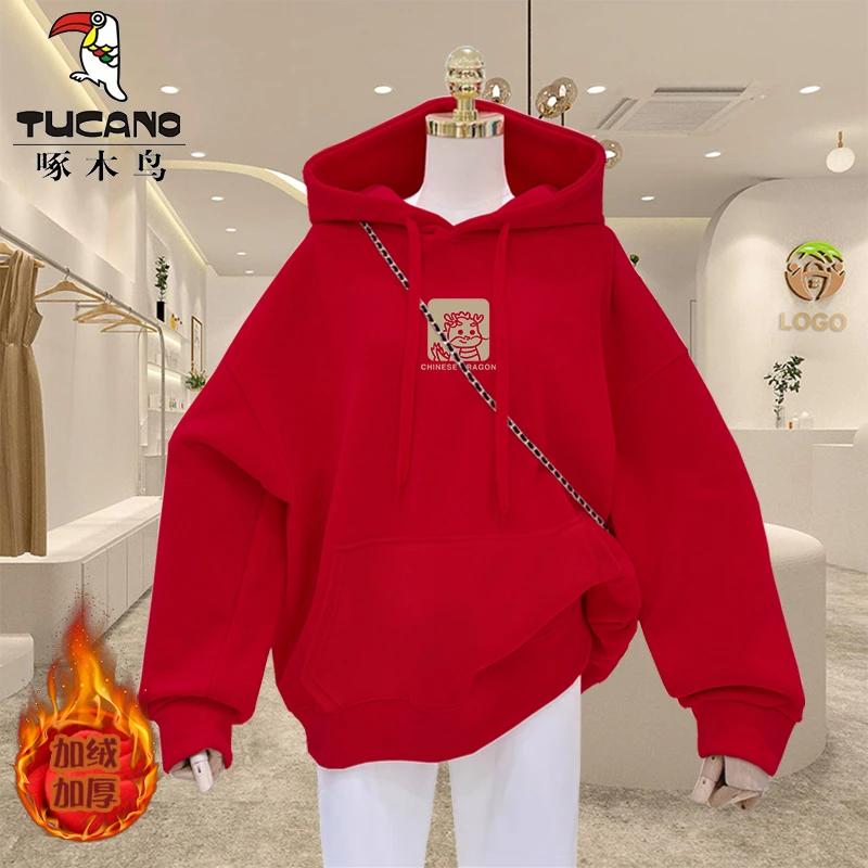 啄木鸟秋冬新款加绒蛇年本命年红色连帽卫衣女装衣服国风上衣外套