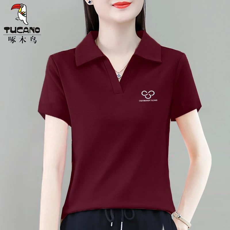 啄木鸟正品洋气翻领短袖t恤女装2024夏季显瘦时尚气质体恤衫上衣