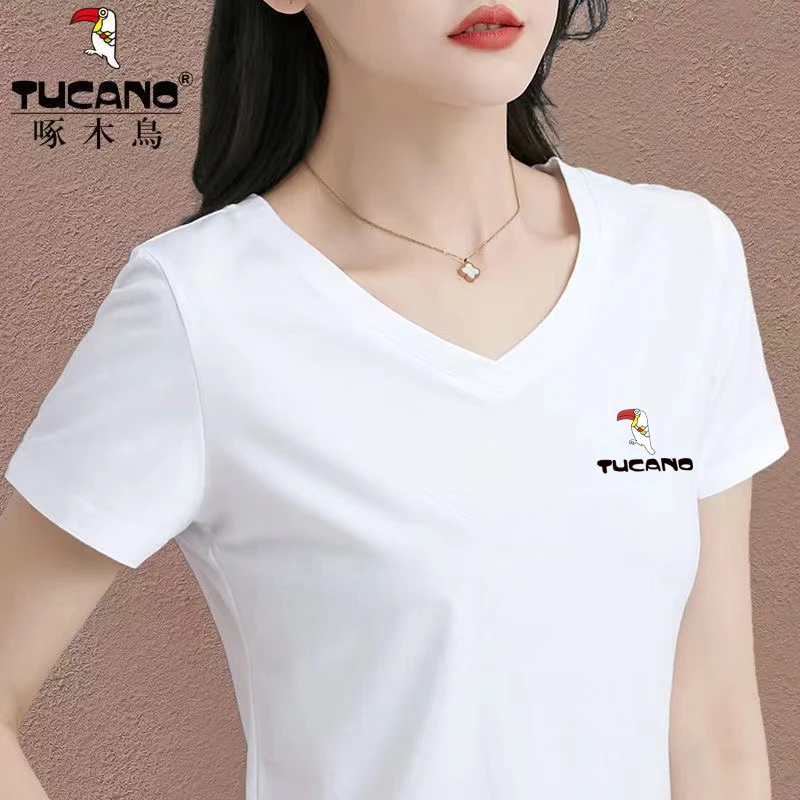 啄木鸟官方正品2024年春夏季新款百搭印花透气短袖时尚女V领上衣