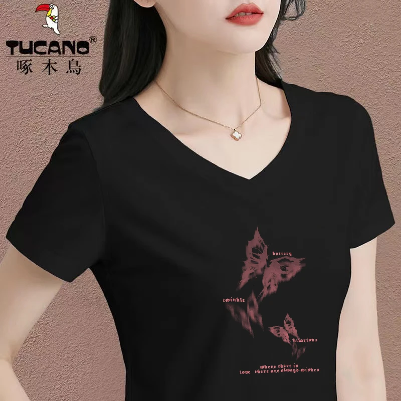 啄木鸟品牌新款短袖t恤女装2024年夏季新款百搭v领显瘦洋气体恤衫