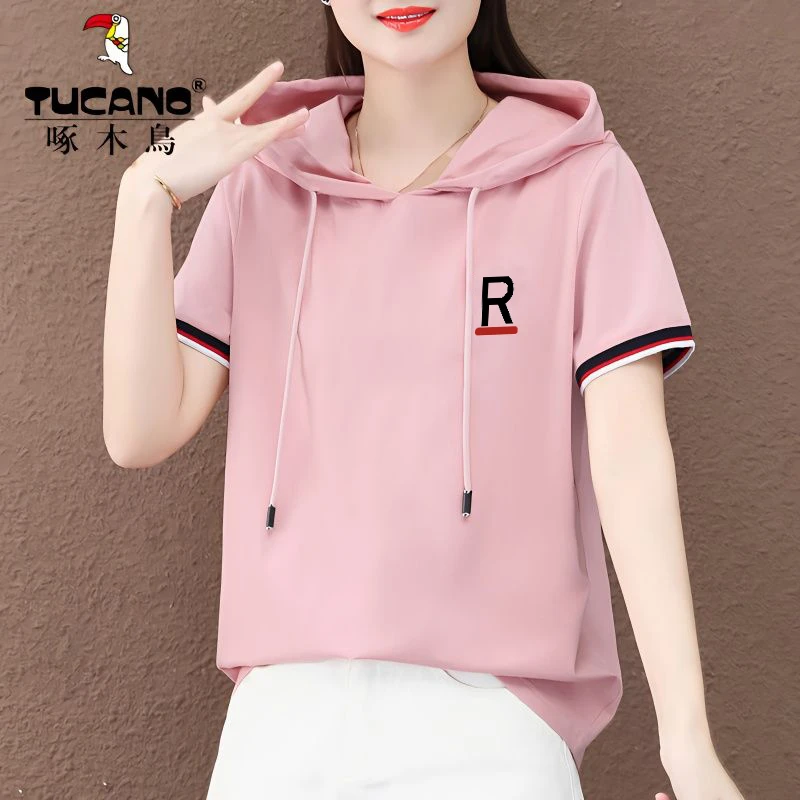 啄木鸟短袖t恤女显瘦运动洋气时尚休闲夏季减龄薄款连帽卫衣上衣