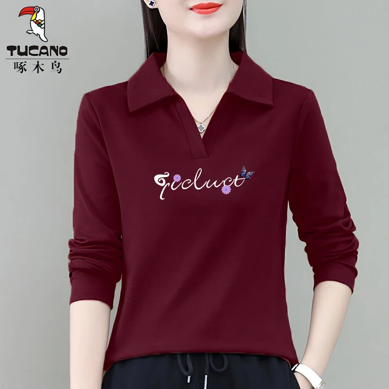 啄木鸟正品春秋季百搭洋气显瘦时尚翻领t恤上衣长袖韩版中年女装