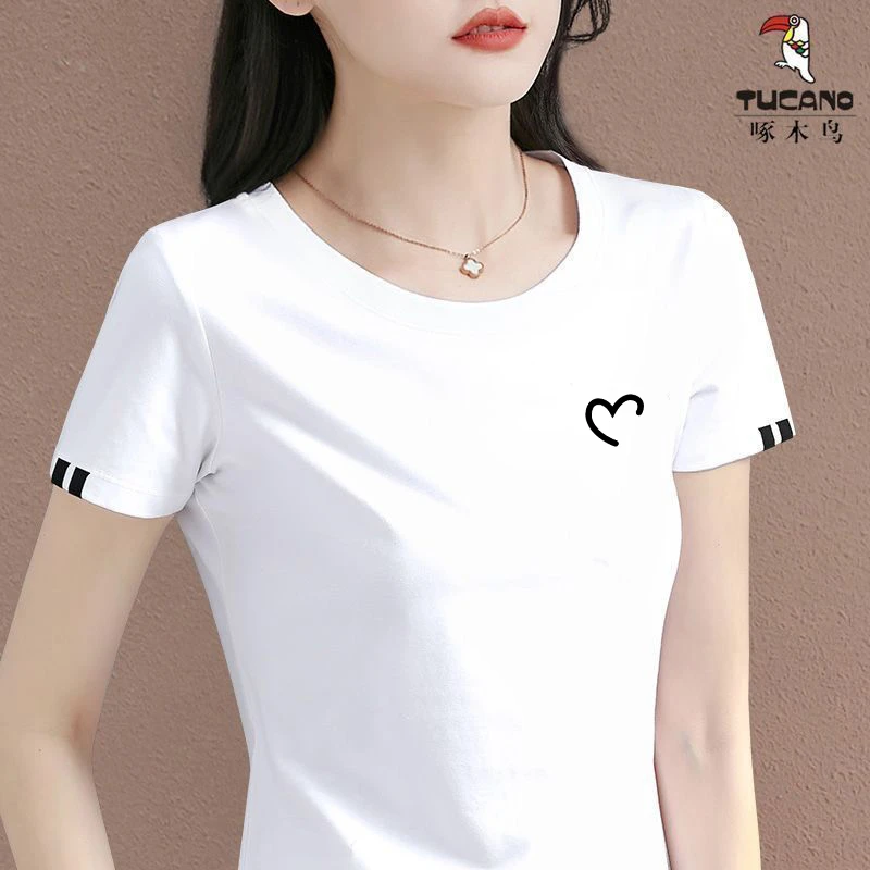 啄木鸟正品2024年新款夏季时尚显瘦短袖t恤女圆领拼色修身打底衫