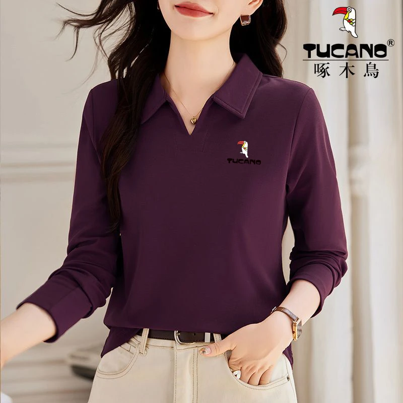 啄木鸟官方正品洋气打底衫翻领t恤女新款减龄妈妈装高端长袖上衣