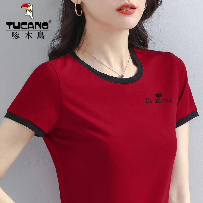 啄木鸟2025夏季短袖t恤百搭修身圆领显瘦妈妈时尚拼色减龄上衣女
