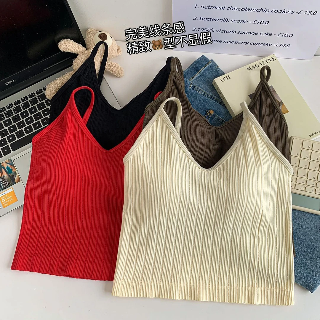 新款纯色吊带背心带胸垫无缝螺纹美背性感打底抹胸短上衣夏季百搭