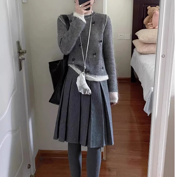 格雷系灰色文艺百褶裙中裙秋冬新款高腰百搭休闲半身裙女高级感