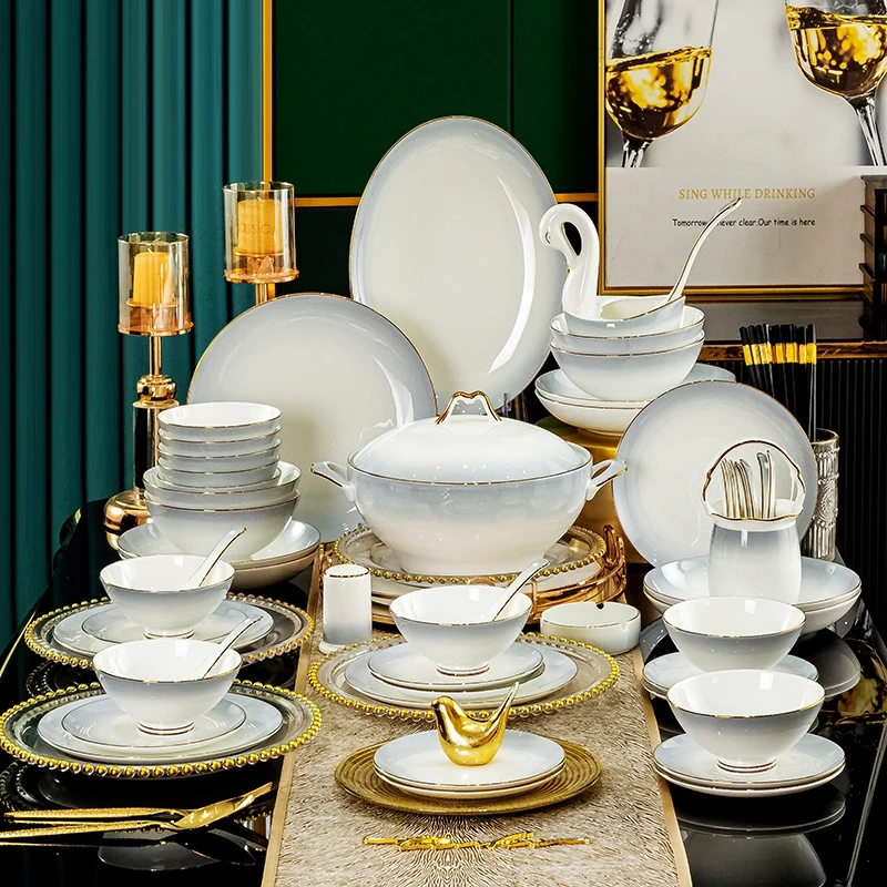 【旭日晨光】新款景德镇高档骨瓷釉下彩饭碗碟盘子餐具套装乔迁送礼