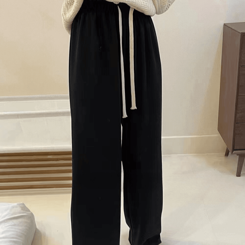 9021#松紧腰高腰抽绳雪纺阔腿休闲裤女夏季百搭显瘦垂感直筒长裤