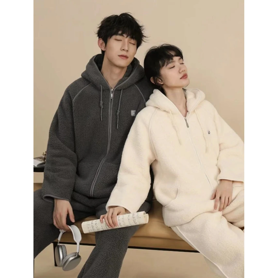 冬款运动风条纹款珊瑚绒时尚连帽加厚拉链保暖睡衣男女外穿