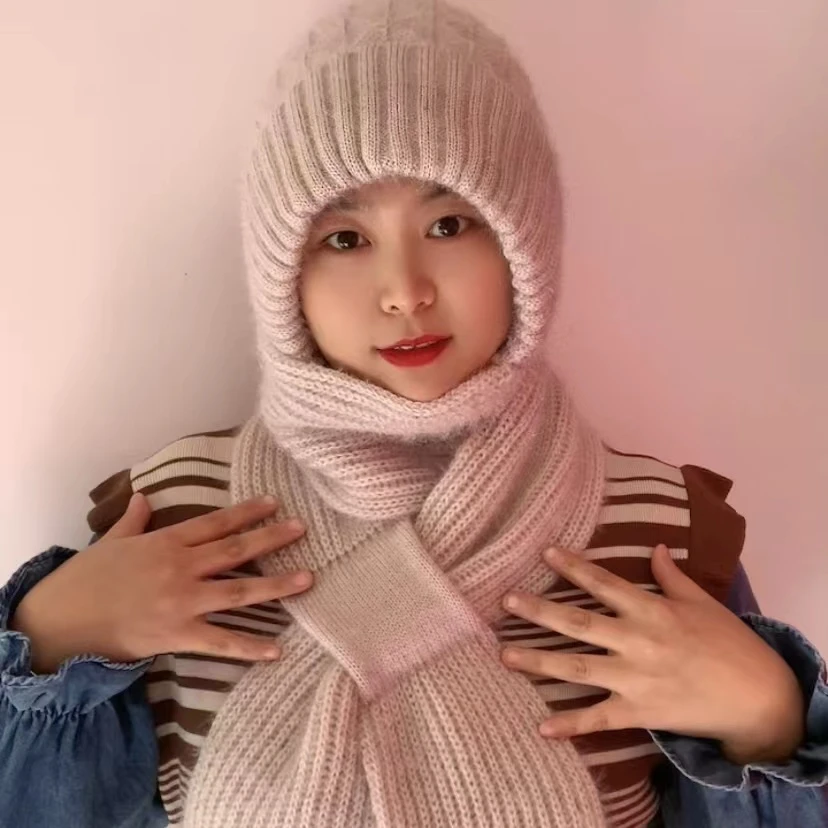 菠萝花加绒加厚冬季百搭爆款风雪帽子冬针织帽防风保暖连体围巾帽
