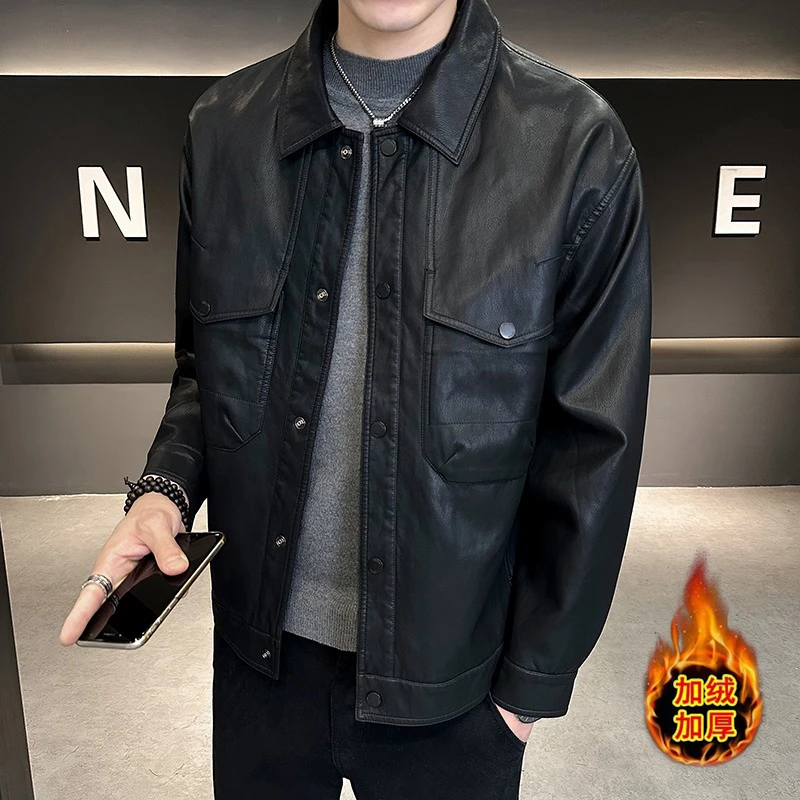 皮衣男加绒加厚PU皮夹克青年潮牌大口袋机车服外套高端翻领上衣