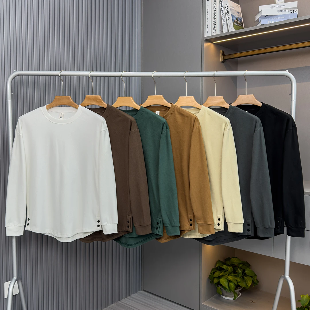 长袖t恤男双面德绒弧形下摆打底纯色秋冬季加绒加厚保暖内搭保暖