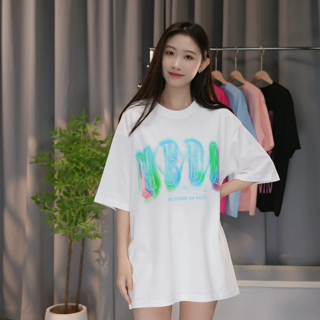 国潮t恤白色时尚休闲夏季宽松印花圆领百搭情侣半袖春夏中长款
