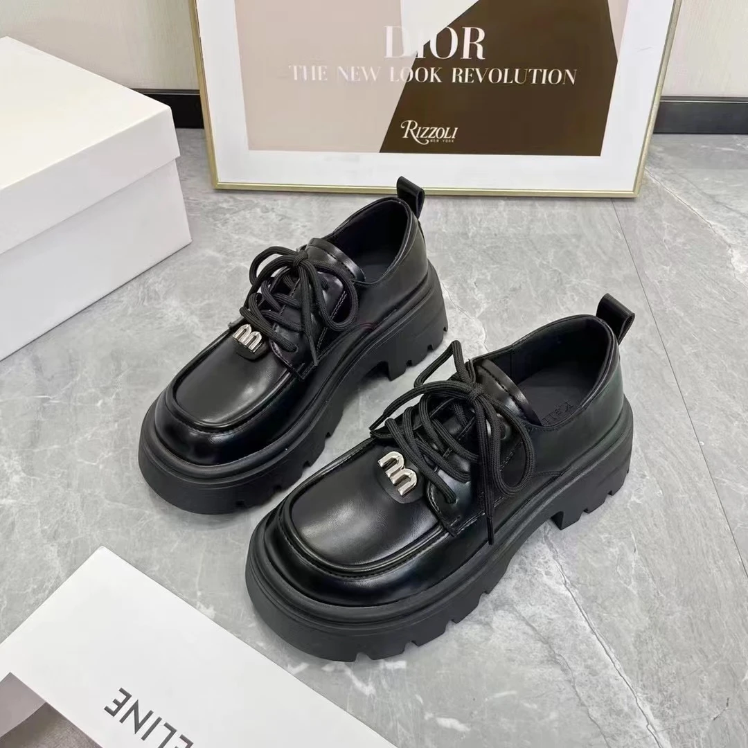 女鞋皮鞋单鞋乐福鞋时尚百搭厚底英伦风春秋舒适休闲女士黑色真皮