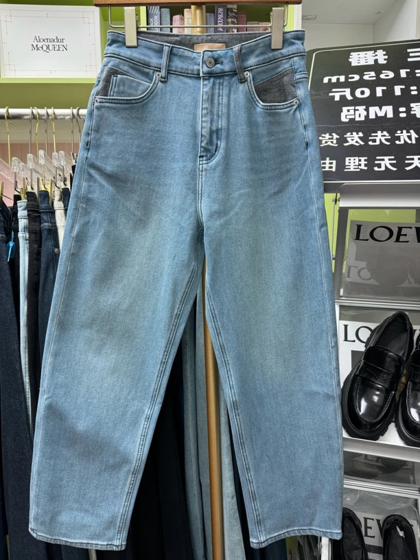 巴83938A加绒牛仔裤冬款老爹裤高腰显瘦百搭萝卜裤宽松时尚浅蓝