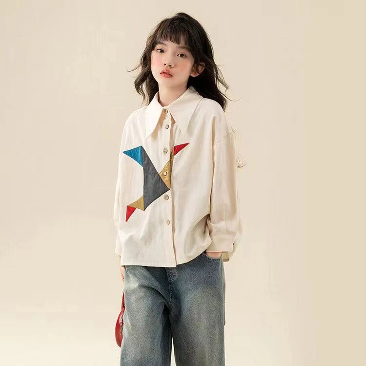 女童衬衣春秋外穿拼色翻领百搭长袖拼接复古女宝新款洋气公主风潮