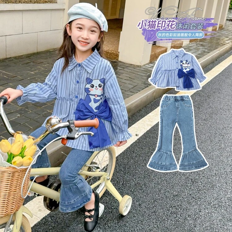 女童春秋衬衫春秋款儿童学院风长袖小孩小猫蝴蝶结休闲衬衫外穿潮