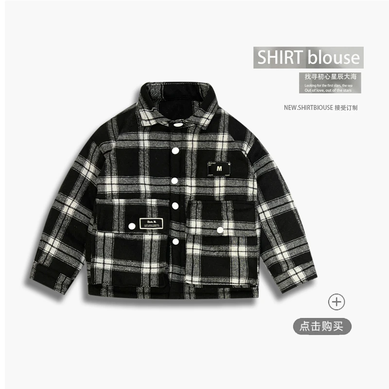 儿童格子棉袄夹棉外套新款加厚棉服男孩衬衫保暖冬季女童格子翻领