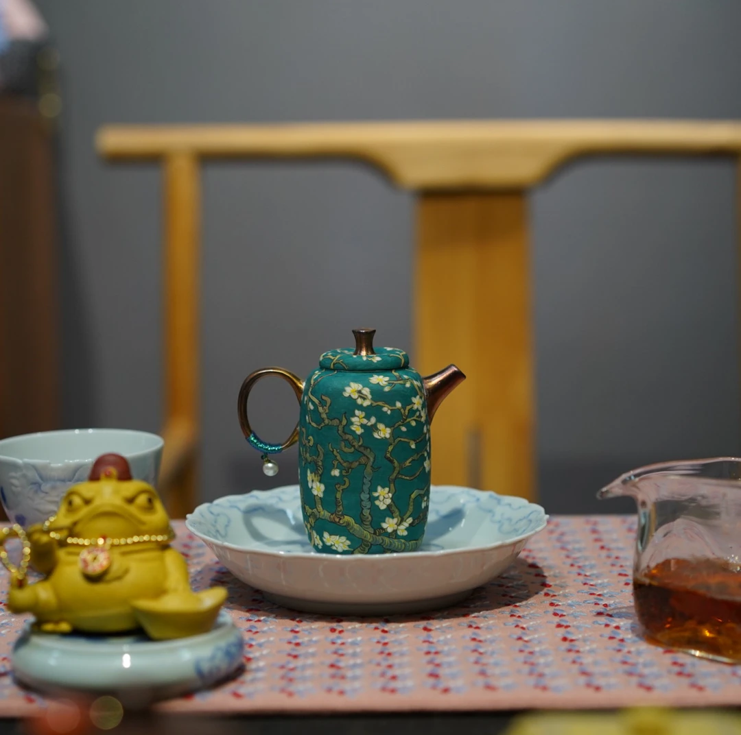 双溪陶【春朝】紫砂壶 哑光珐琅彩油画盛开的杏花