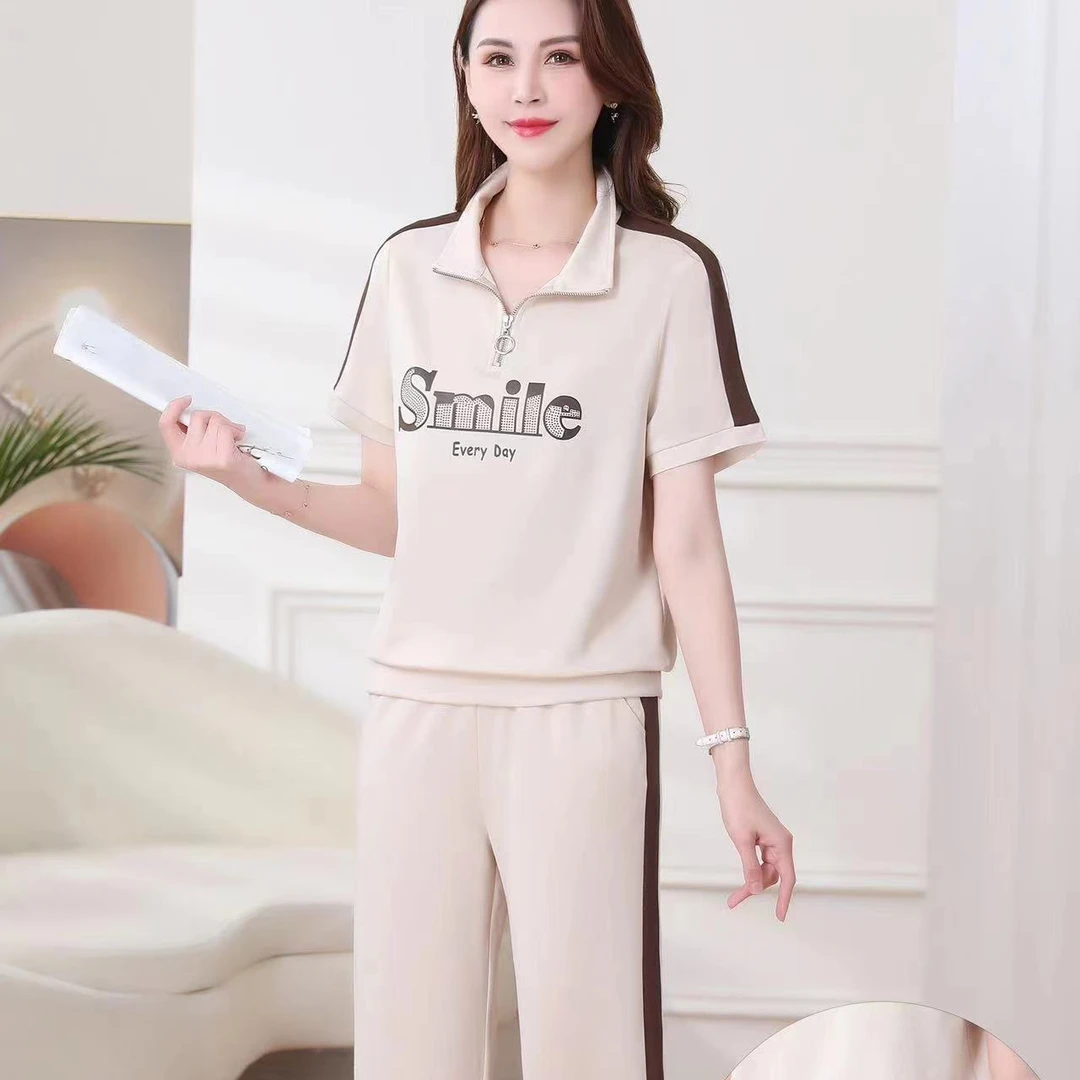 818-1#时尚洋气显瘦夏季宽松减龄女士气质薄款大码休闲套装