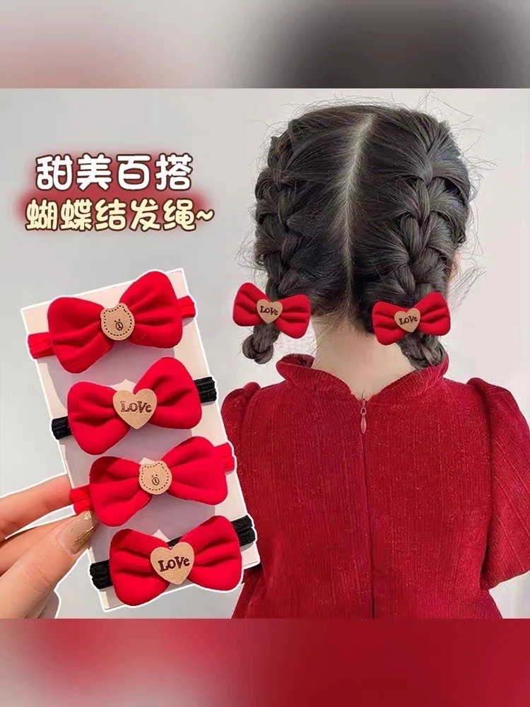 新年红色蝴蝶结发圈皮筋女高弹力马尾发绳喜庆红色8根装