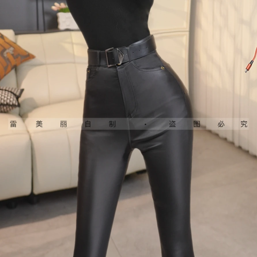 [美丽推荐]冬季新款韩版休闲弹力高腰卡腰带加绒显瘦皮裤小脚裤