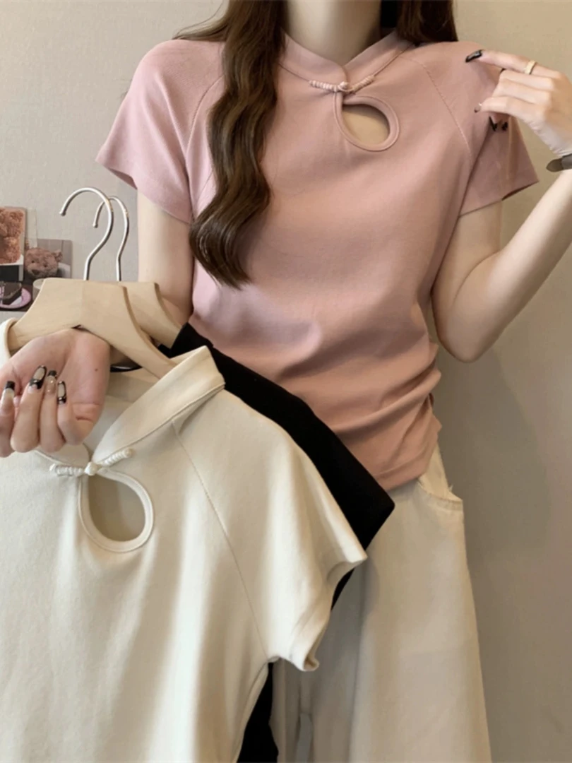 新中式国风盘扣正肩短袖T恤女装夏季打底衫胖MM显瘦遮肉上衣洋气