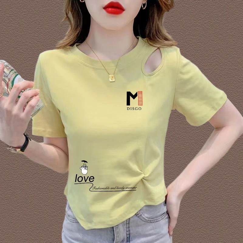 镂空修身印花2024新款棉质显瘦半袖体恤上衣夏季女装字母短袖t恤