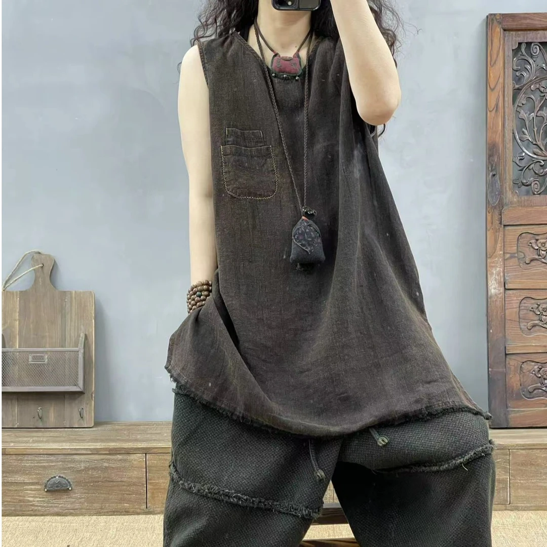 [四月阳光]夏季亚麻怀旧炒色毛边贴口袋百搭背心(长80胸围116)