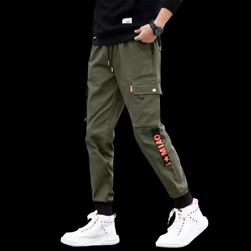 军绿色男潮牌弹力工装裤宽松束脚休闲裤美式潮流高街痞帅气长裤子
