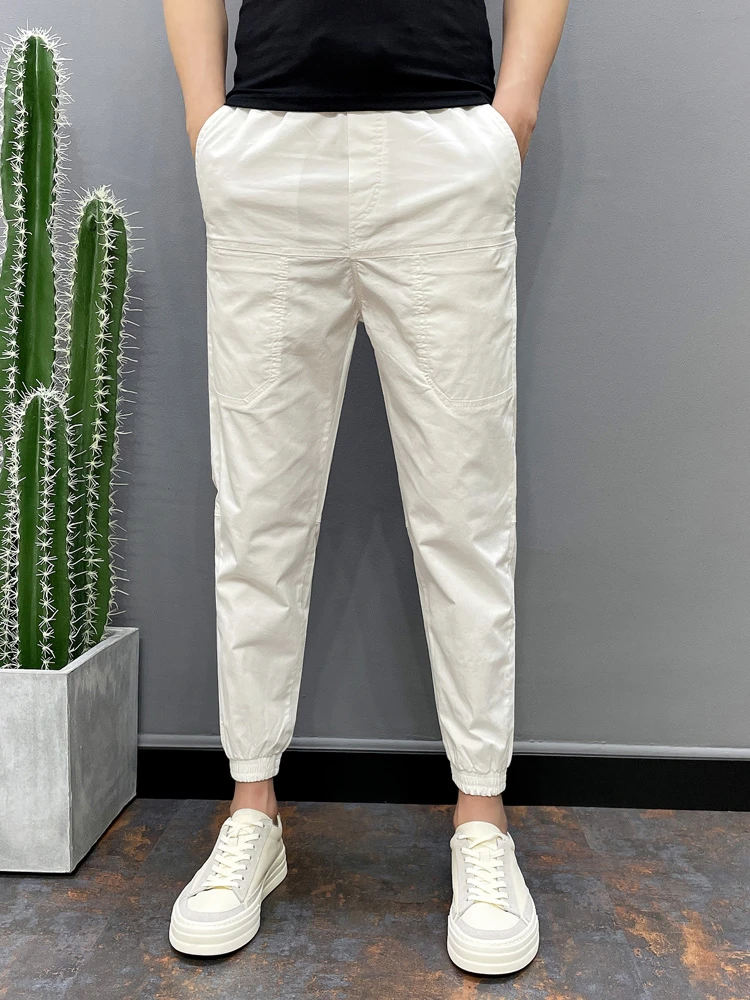 新款春夏季男士修身休闲裤潮流小脚九分裤弹力束脚裤六兜工装裤