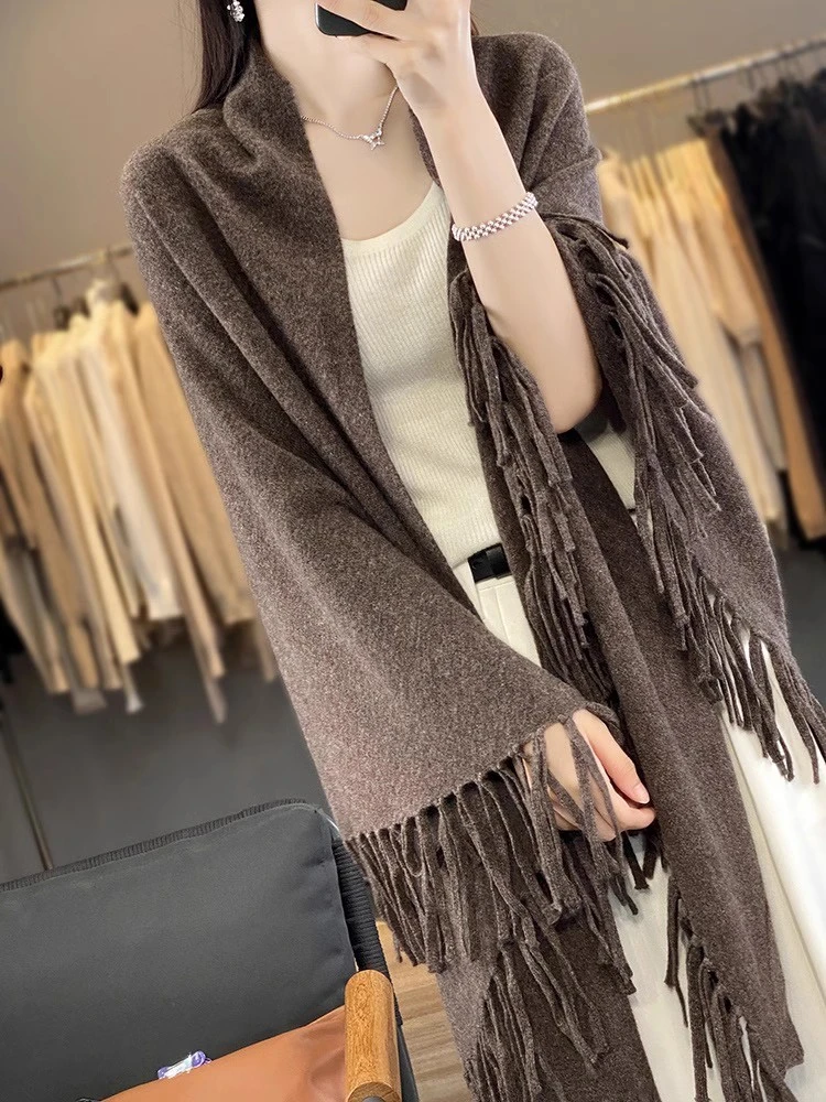 100%纯羊毛流苏大三角围巾女士秋冬百搭针织披肩长款保暖斗篷两用