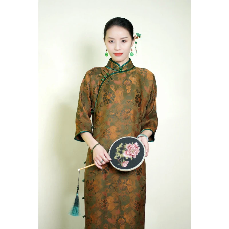 风絮 | 高定徽韵阁斜襟盘扣睡莲提花宋锦中式旗袍