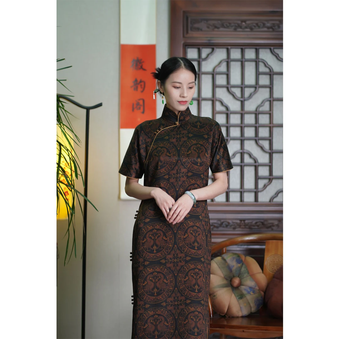 梦蝶 | 徽韵阁高定香云纱重缎皮子料双凤和鸣立领斜襟旗袍