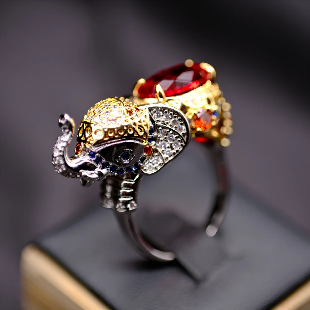 铜合金戒指 J7825【红宝小象戒指】活口戒指金色中古满钻镶钻饰品