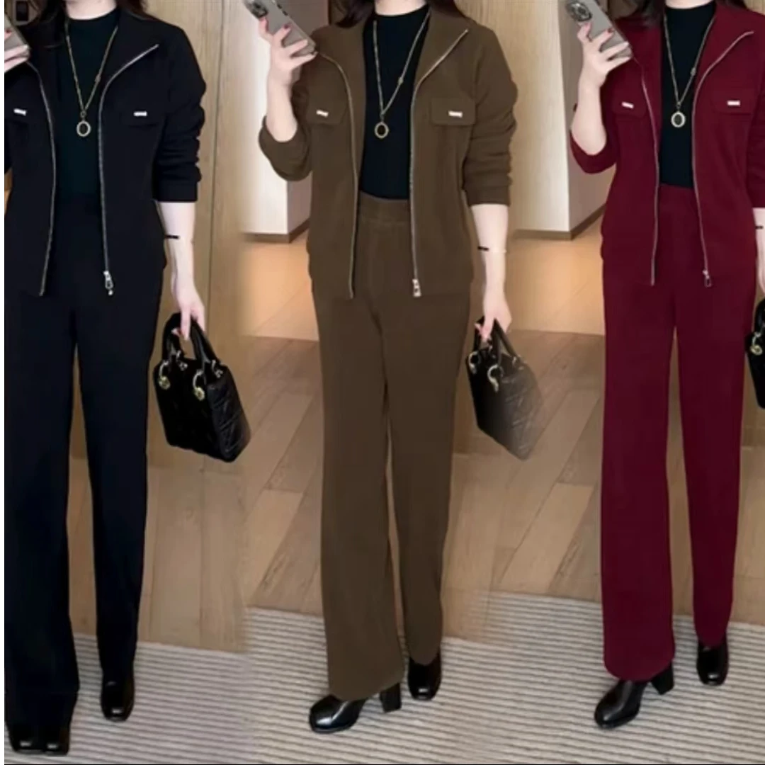 显瘦秋冬新款时尚洋气加绒加厚两件套妈妈装宽松休闲套装女