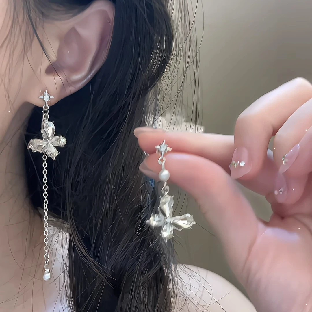 合金锆石耳饰 小清新不对称锆石蝴蝶流苏耳环超仙长款耳饰