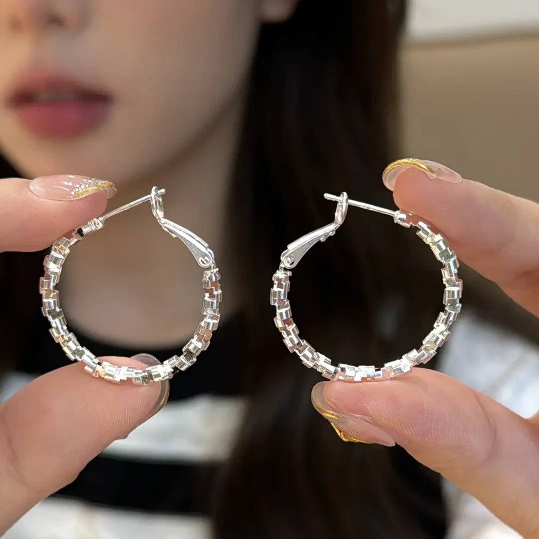 合金耳饰 简约超闪碎银圈圈耳环小众设计感百搭耳圈复古轻奢